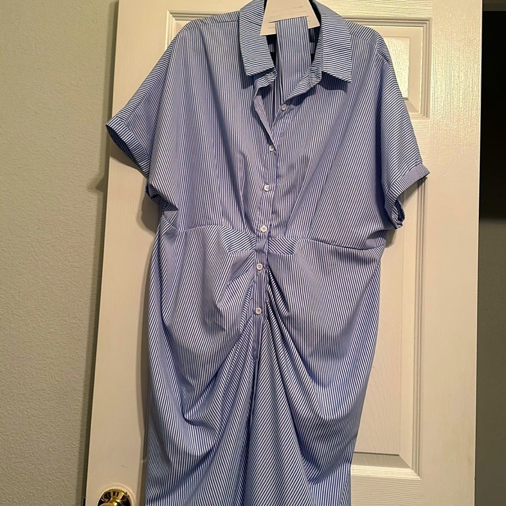 SHEINCurve Striped Print Ruched Button Front Belted Shirt Dress Workwear